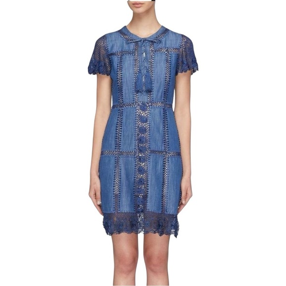 alice + olivia Tona Crocheted Patchwork Chambray Dress Size 12 - Picture 1 of 13
